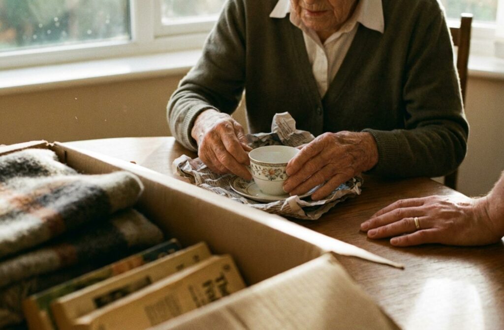 Elderly person wrapping a teacup while a younger adult assists with packing boxes for a move.