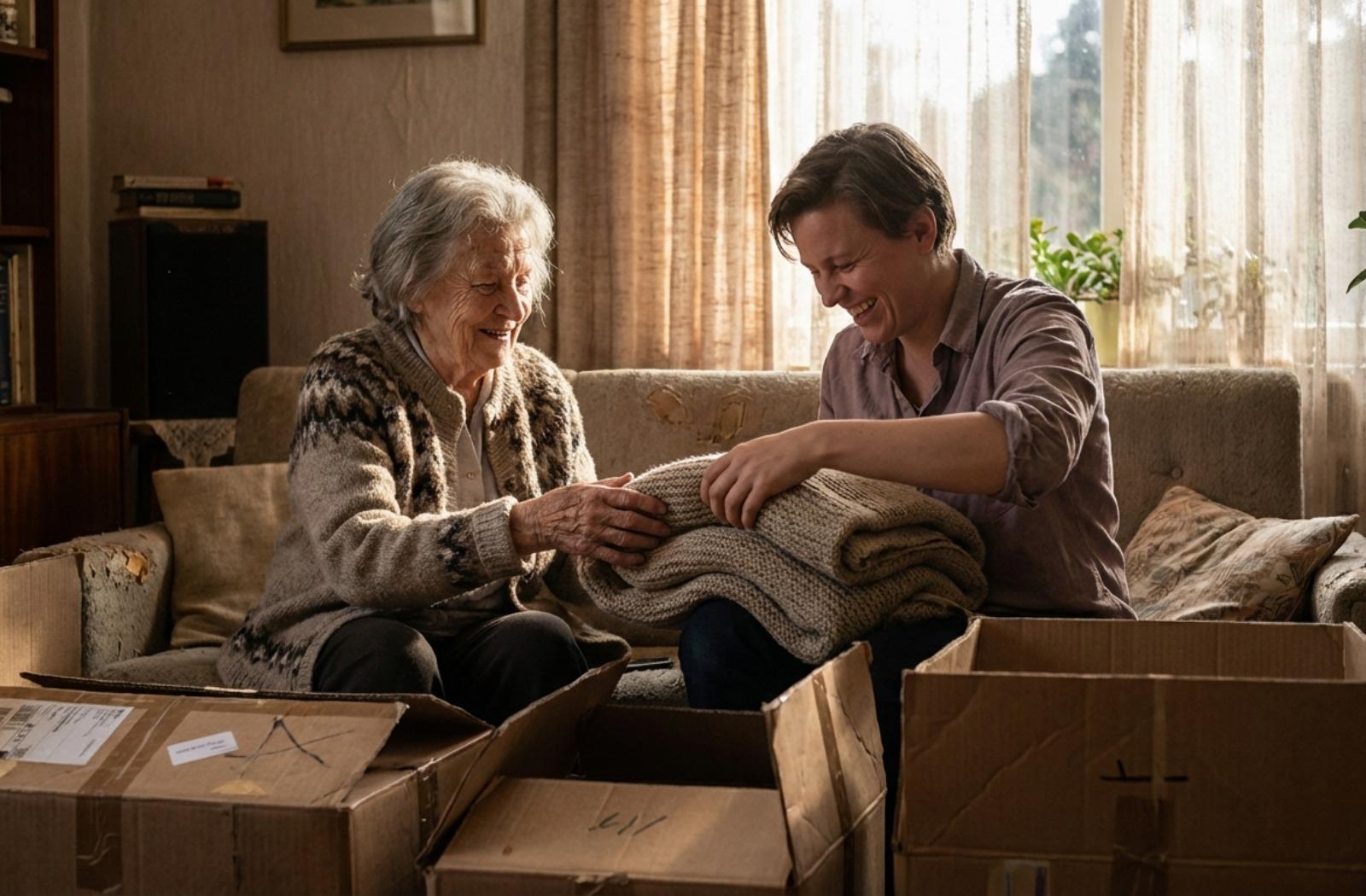 Smiling senior person and younger adult folding a blanket together while packing boxes in a sunlit living room.
