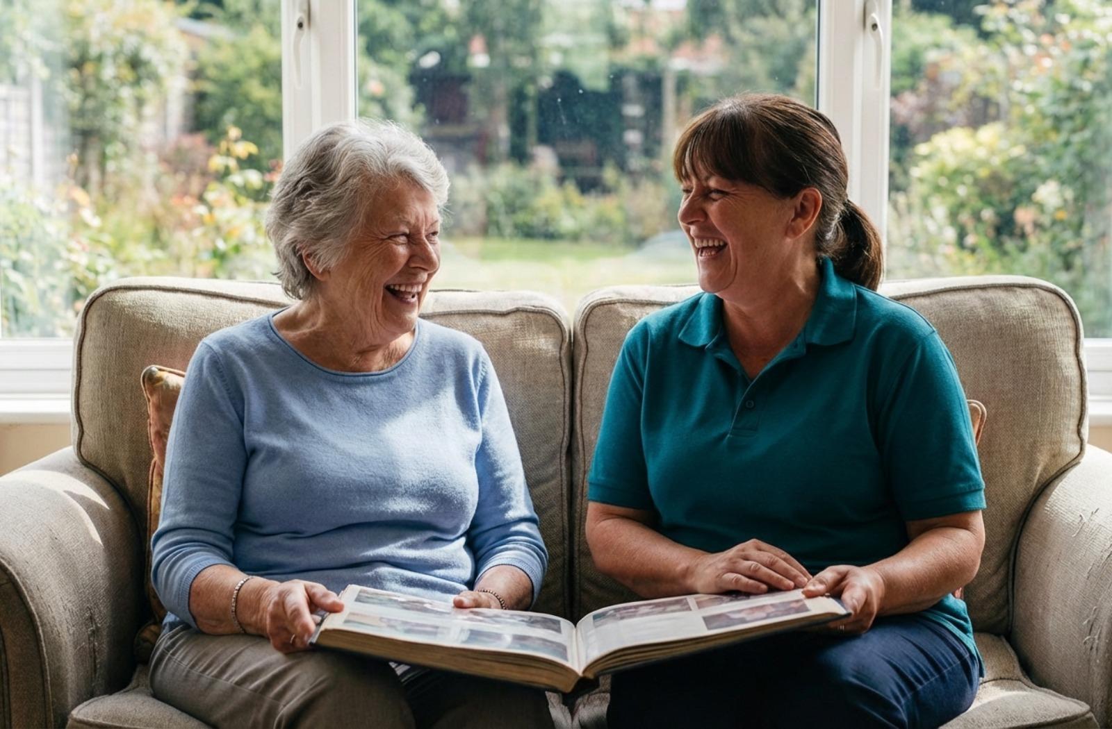 a senior and a younger person sit on a couch laughing