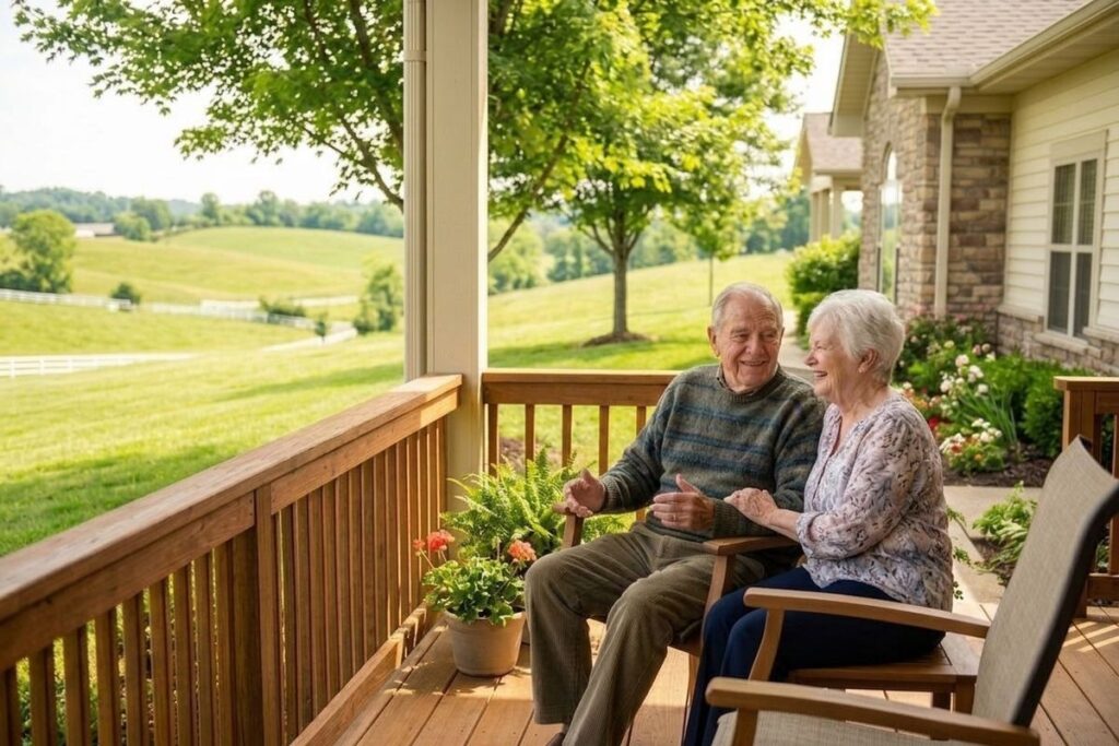 Two smiling older adults sit talking on a wooden porch overlooking a grassy field and trees.