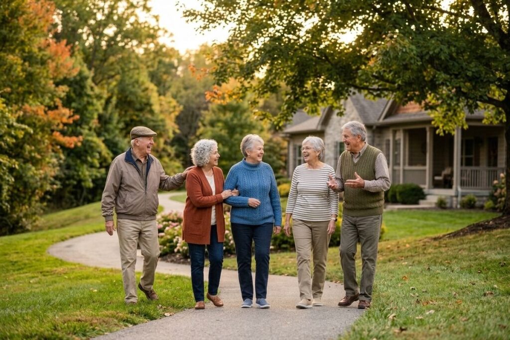 Five older adults walk together along a paved path in a residential neighborhood.