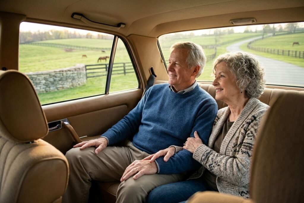 Two smiling older adults sitting in the backseat of a car, looking out the windows at green fields and fences as they tour their local area.