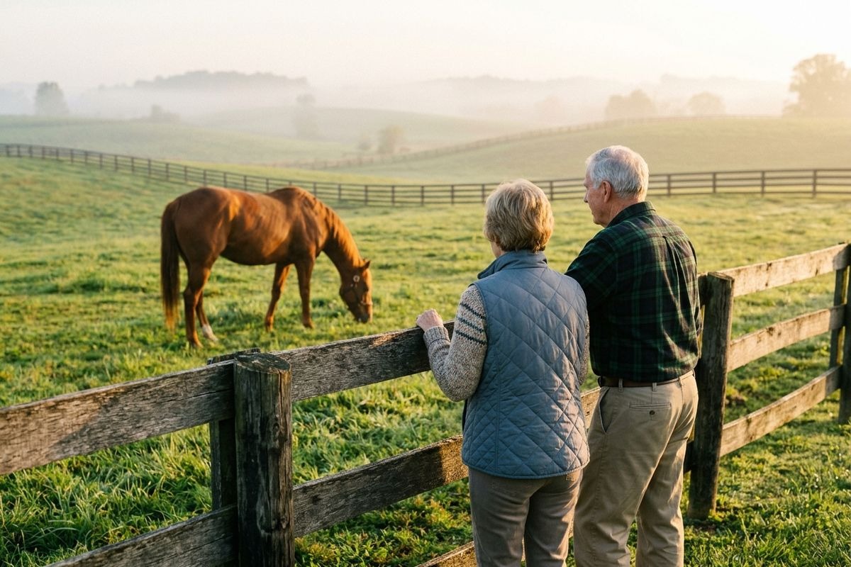 Two older adults stand at a wooden fence, looking out over a rolling green pasture where a brown horse is grazing on a misty morning.
